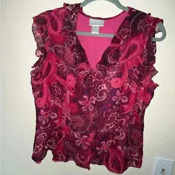 Vintage Worthington 100% Silk Pink Paisley Print Sleeveless Fitted Blouse SIZE12 - Picture 2 of 7
